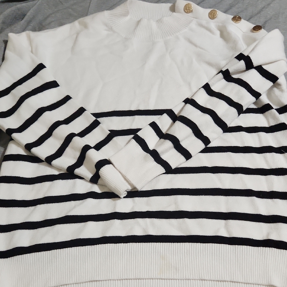 Striped White and Black Sweater with Gold Button Detail NWOT